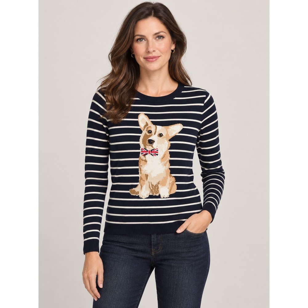 Talbots Navy Striped Corgi Intarsia Knit Sweater Union Jack Bow Tie Size M Dog